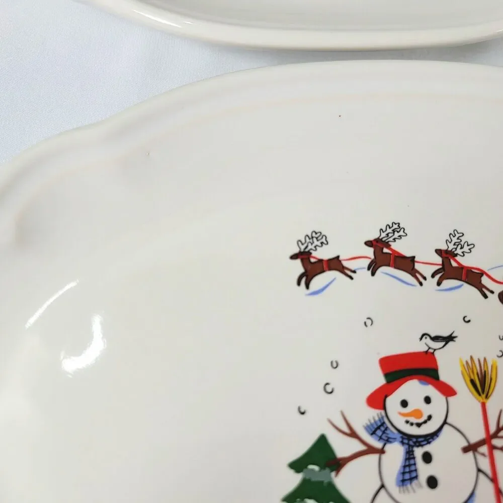 Pfaltzgraff Snow Village Relish Oval Dish Plate Vtg Christmas Snowman Set of 6